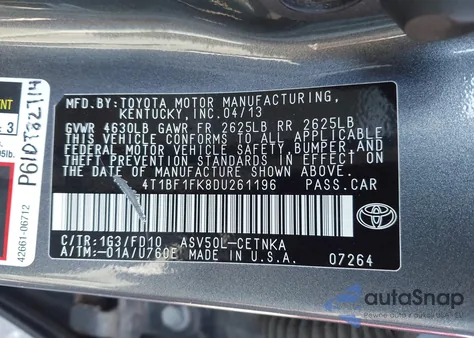 2013 Toyota Camry Le z USA, uszkodzony, nr VIN 4T1BF1FK8DU261196